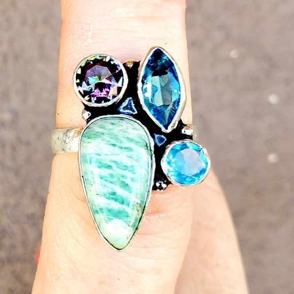 New Amazonite, Blue Quartz, Mystic Topaz 925 Silver Ring. - Picture 3 of 14